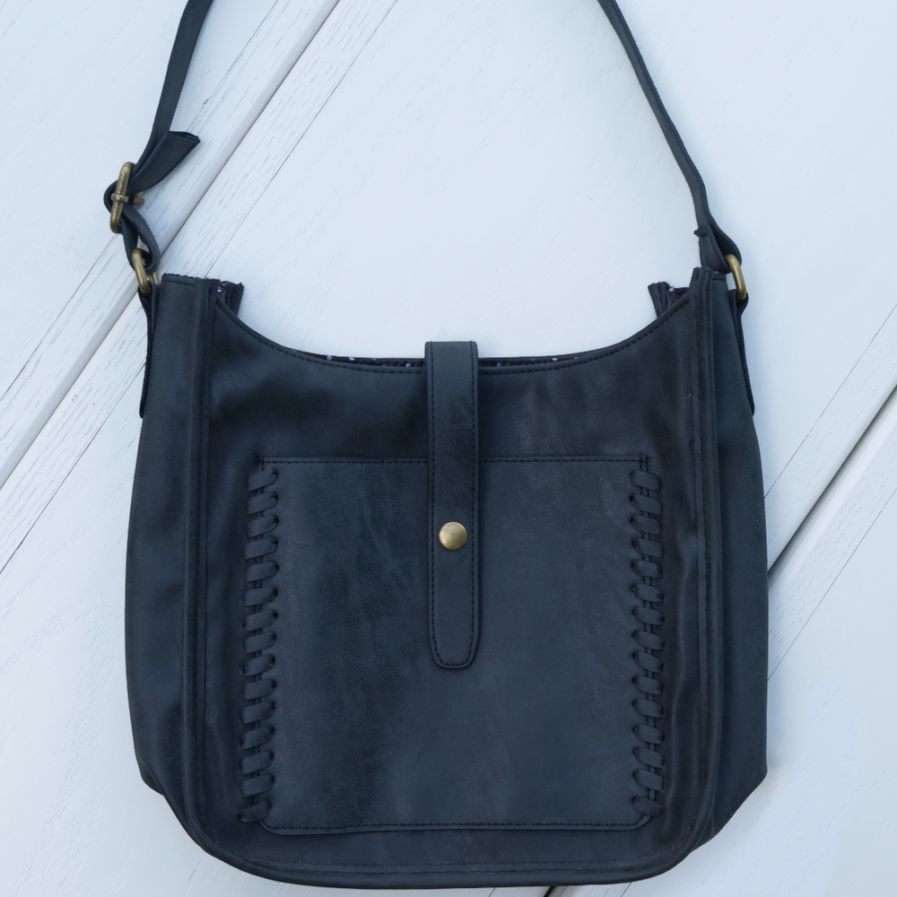 Gray Faux Leather Handbag Purse Braid Trim